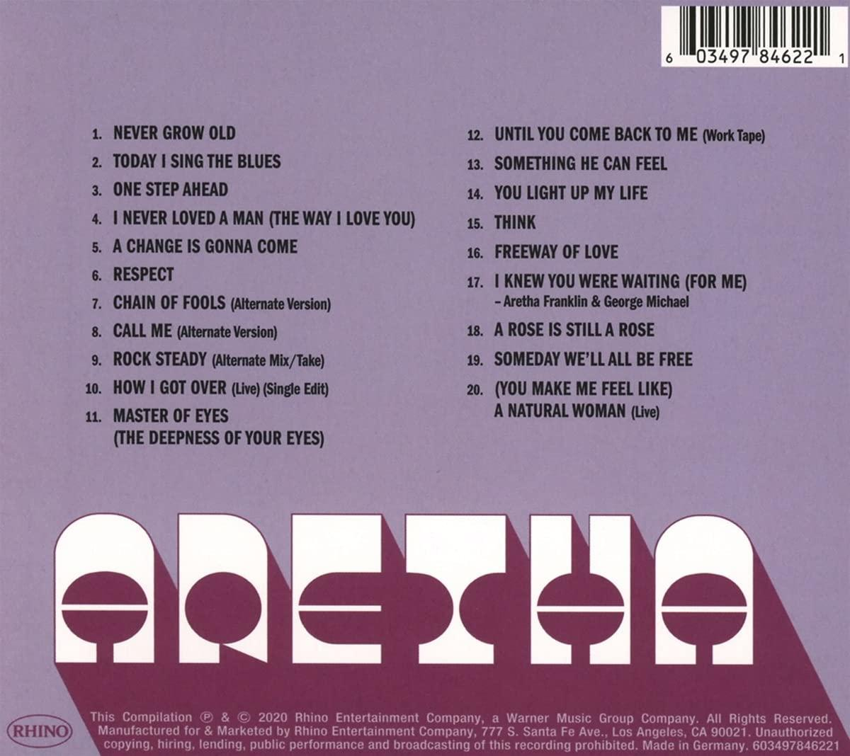 Album borítója Aretha Franklin nevével stilizált betűkkel. Látható a számlista és a vonalkód. Lila háttér.