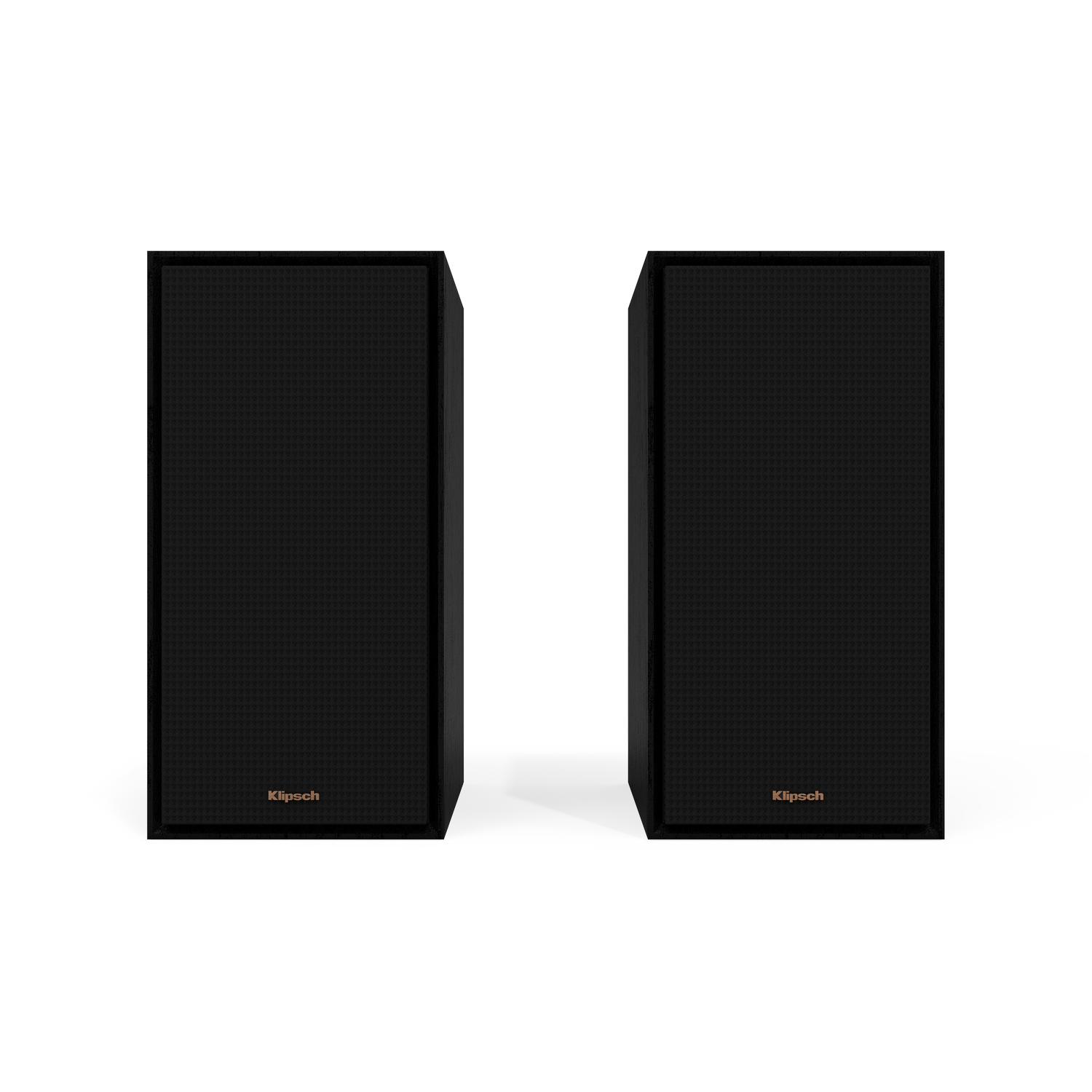 Twee zwarte luidsprekers met het Klipsch-logo. Ze staan op een wit oppervlak.