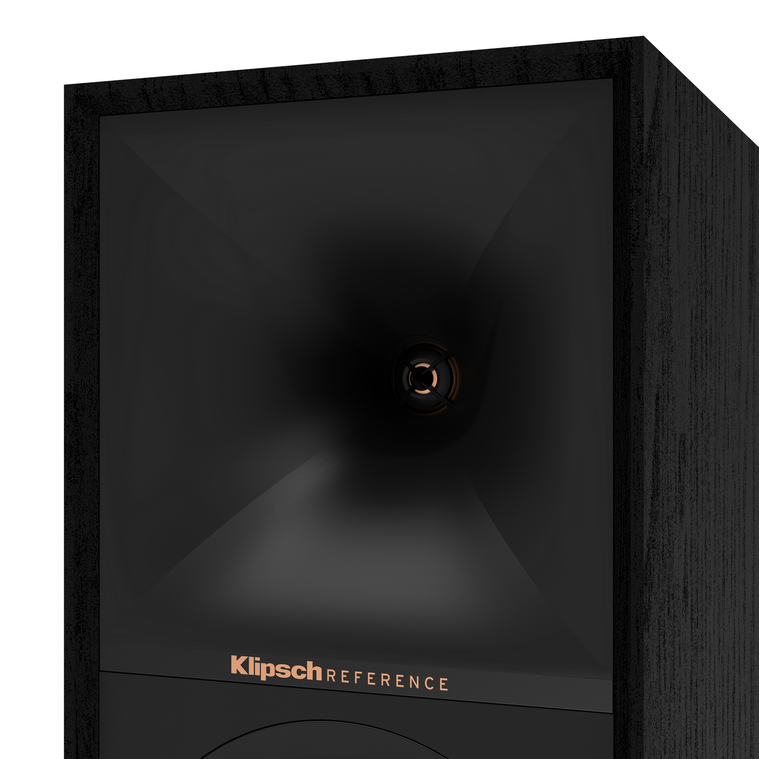 Zwarte Klipsch-luidspreker, close-up van de luidspreker en het merklogo.