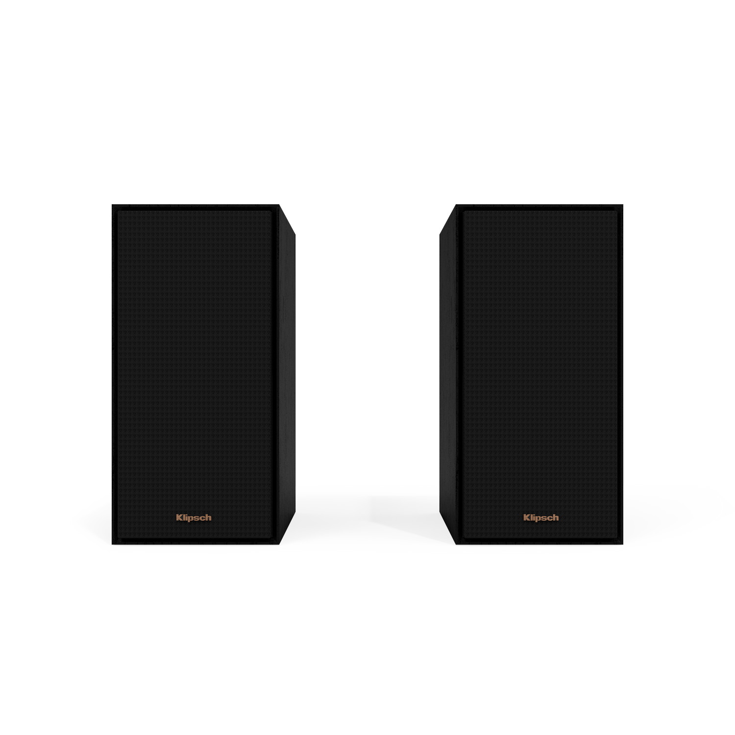 Two black rectangular speakers on a black background, each with the Klipsch logo.