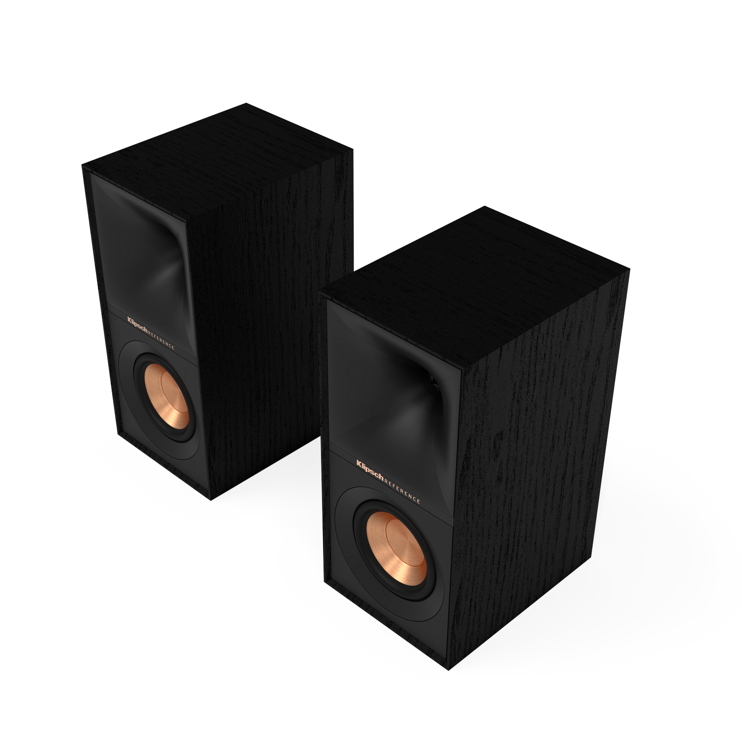 Two black Klipsch speakers. They are rectangular with a copper colored speaker.
