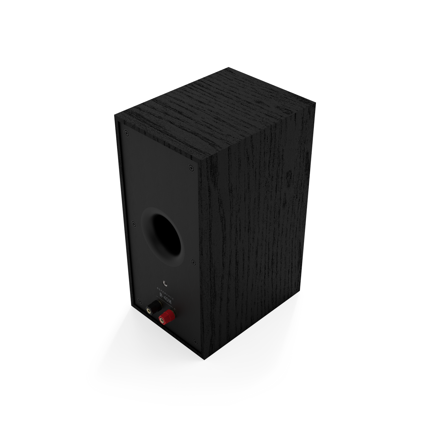 Black speaker. Side view of a wooden speaker with a black back panel.