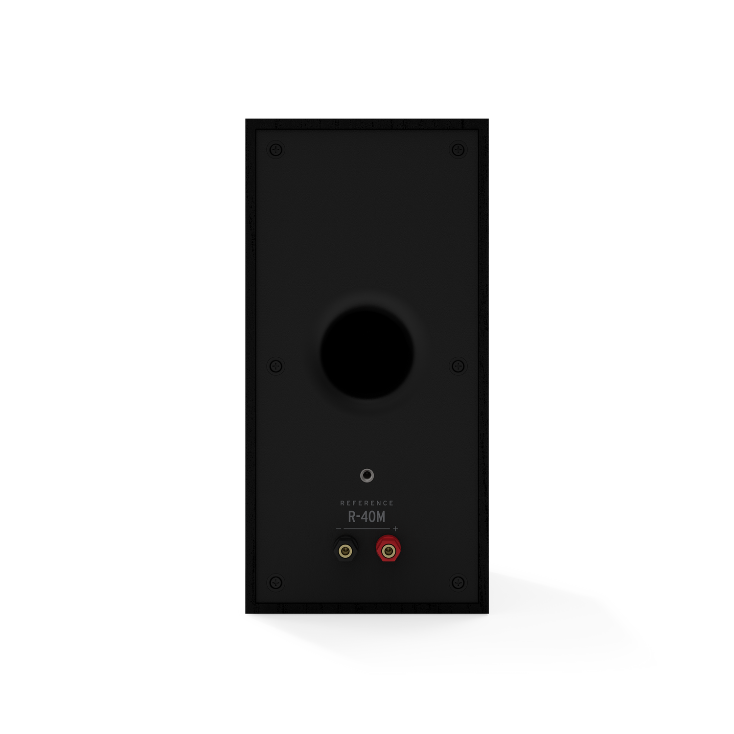 Black speaker back. Has a central port and gold/red connectors.