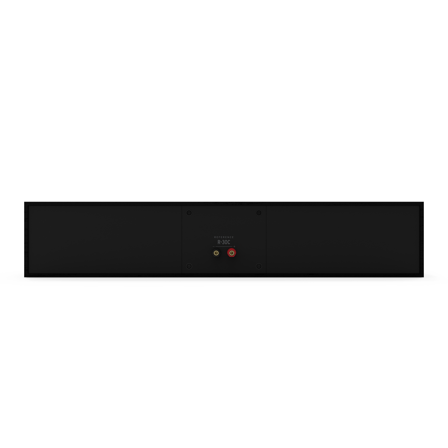Achteraanzicht van een zwarte soundbar met drie luidsprekergaten en een merklogo.