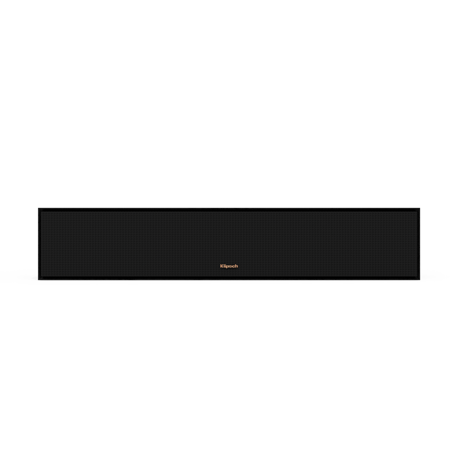 Zwarte soundbar op een zwarte achtergrond, met het Klipsch-logo in het midden.