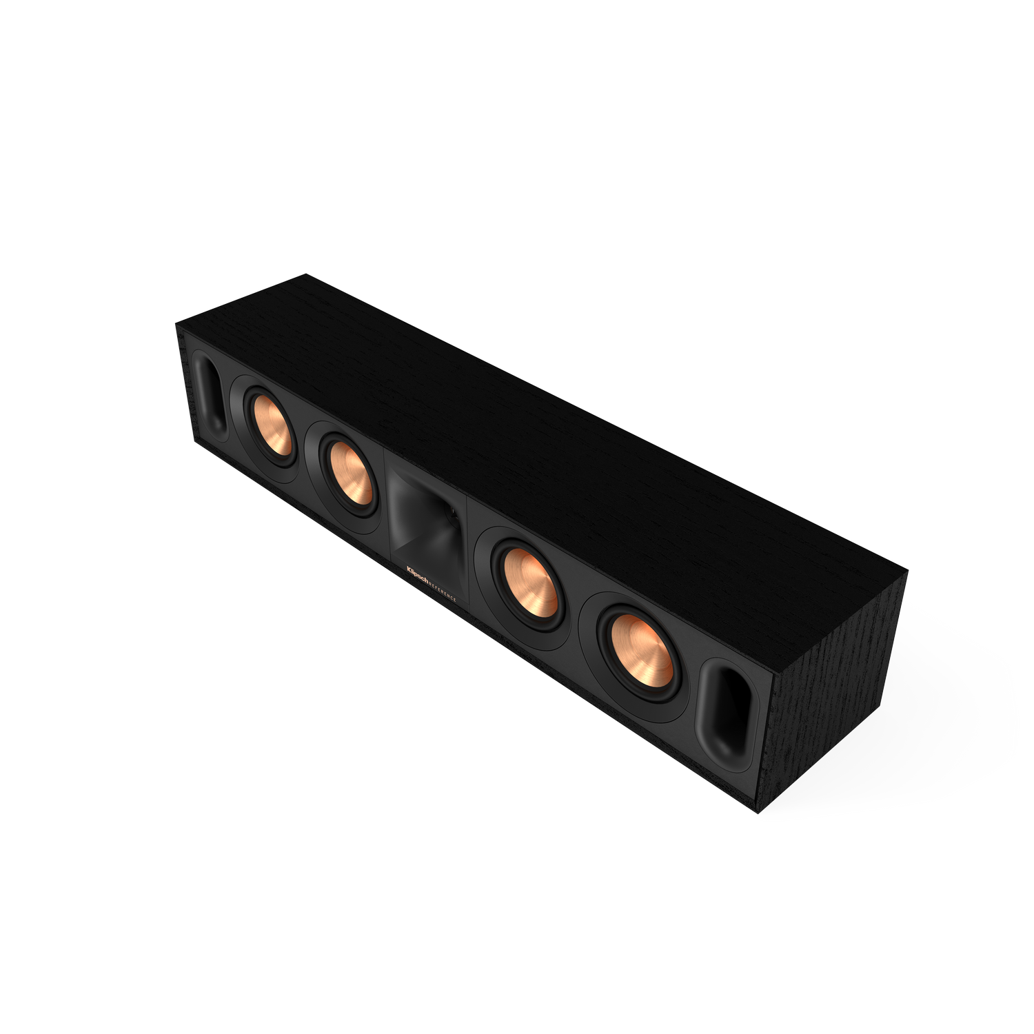 Zwarte soundbar met koperkleurige luidsprekers, schuine weergave, op zwarte achtergrond.