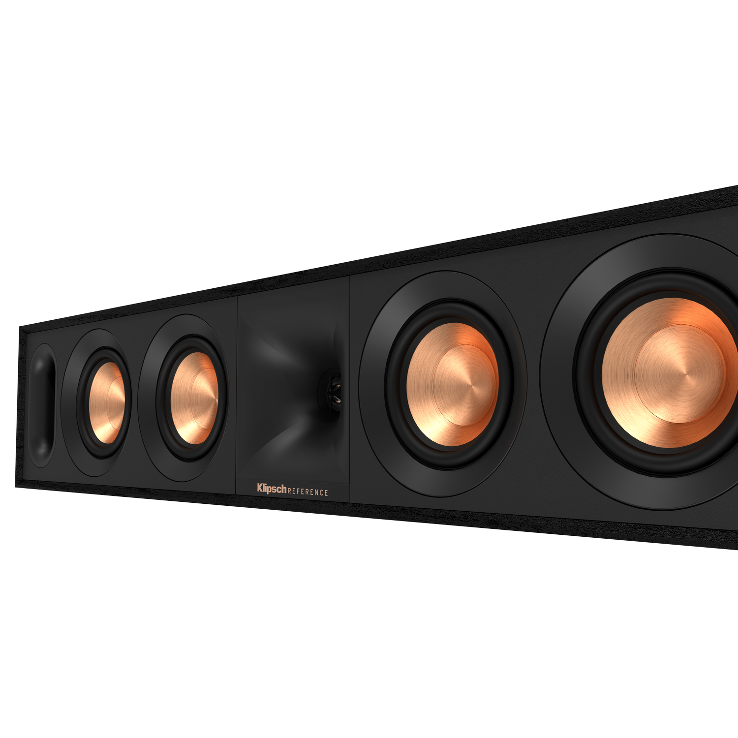 Een zwarte soundbar met meerdere luidsprekers en koperkleurige luidsprekerconussen.