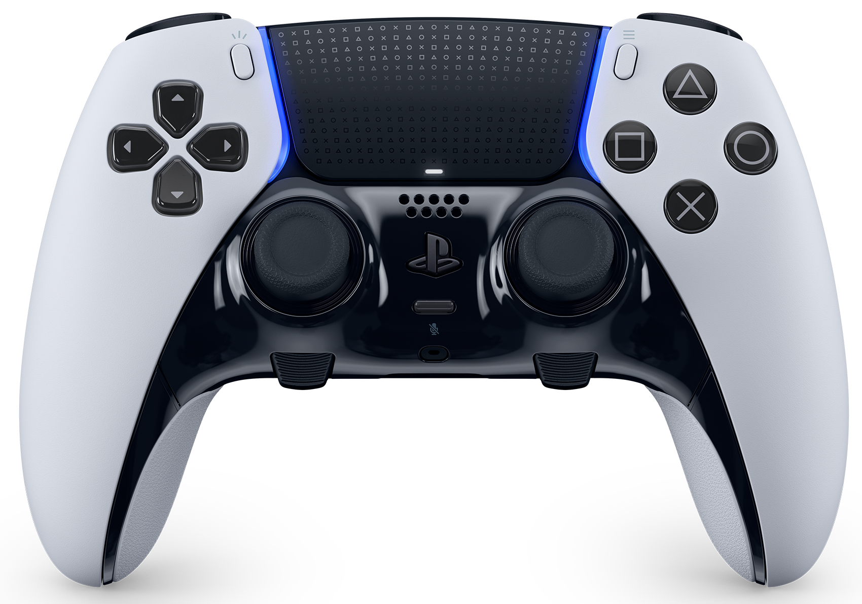 Ein weiß-schwarzer PlayStation 5-Controller. Er hat Knöpfe und Joysticks, auf schwarzem Hintergrund.