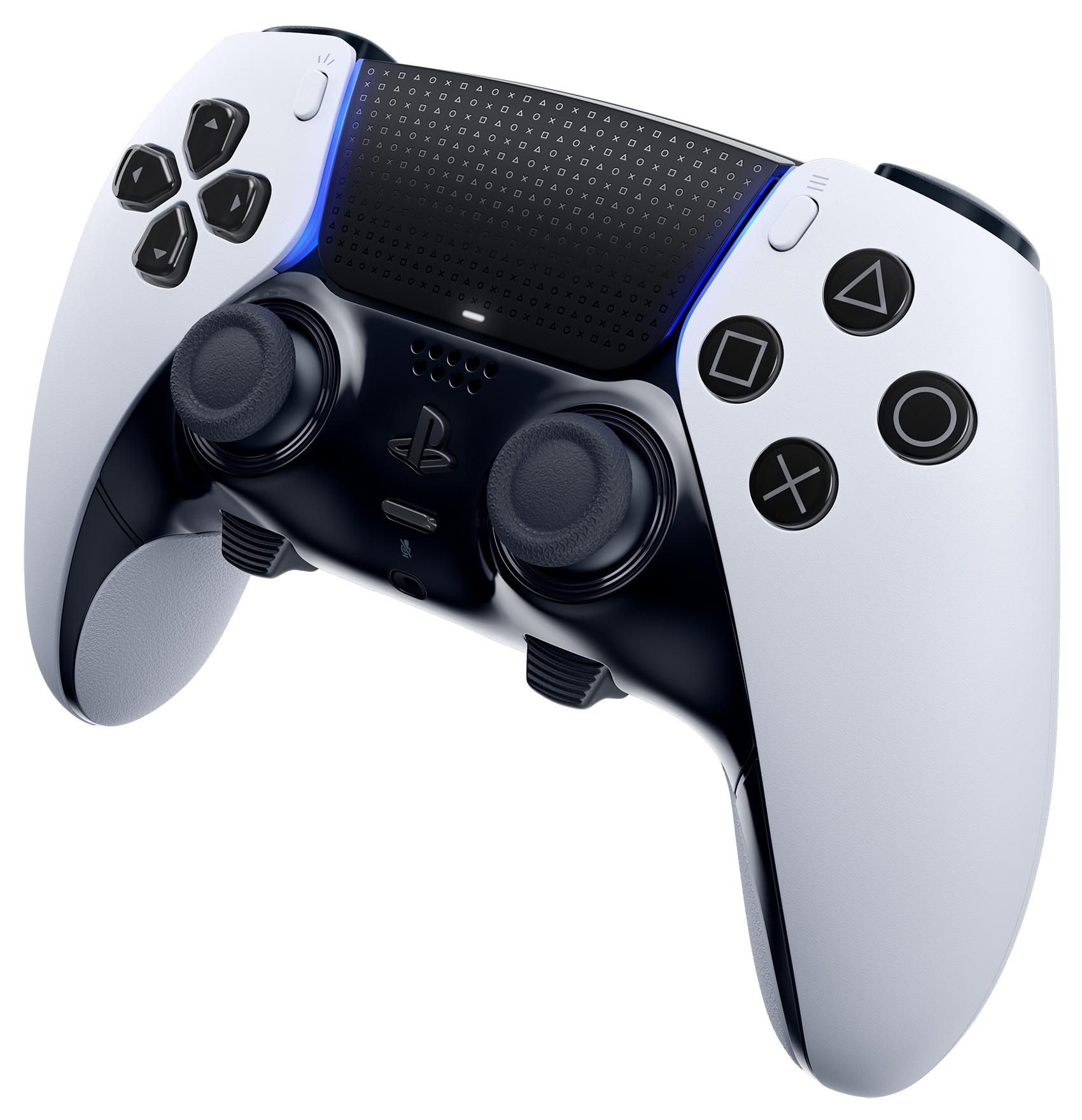 Weiß-schwarzer PlayStation-Controller. Tasten und Steuerknüppel sind sichtbar.