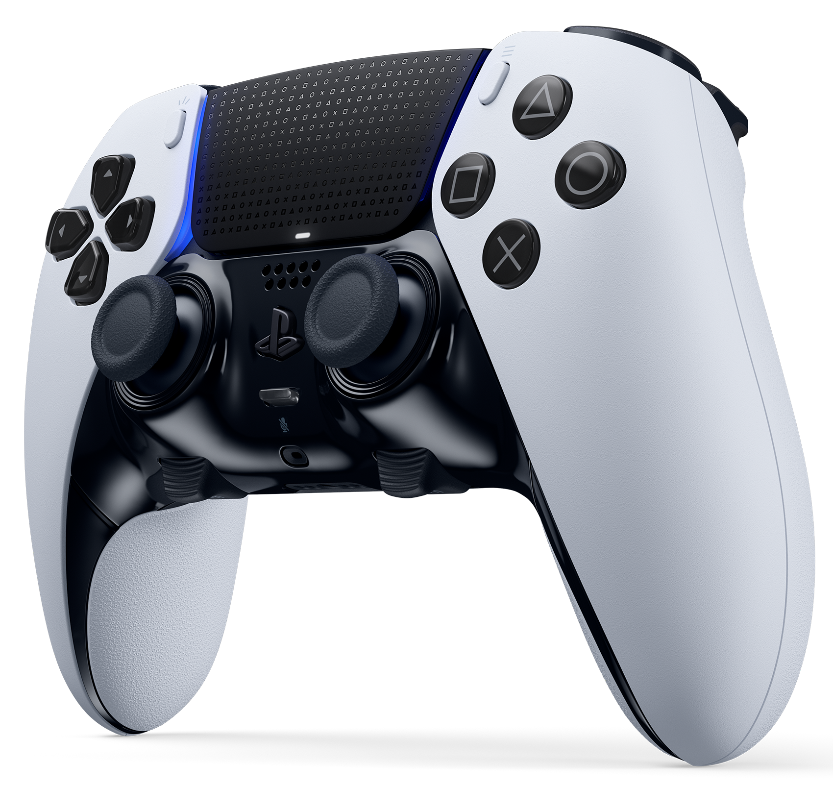 Weiß-schwarzer Gamecontroller. Er hat Knöpfe und zwei Joysticks.