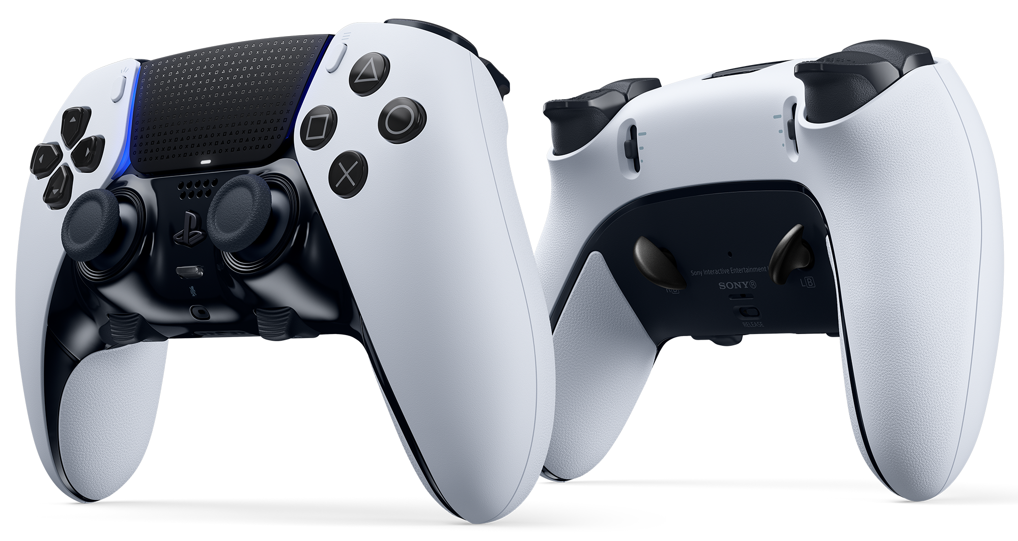 Zwei weiße und schwarze Gamecontroller. Eine Vorder- und eine Rückseite mit Tasten und Funktionen.