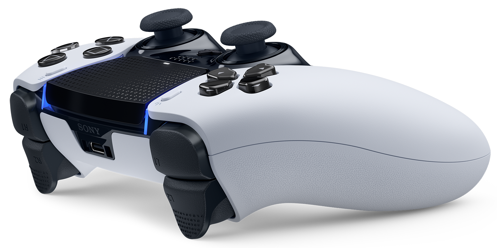 Weiß-schwarzer Playstation 5 Controller mit verschiedenen Knöpfen und Funktionen.