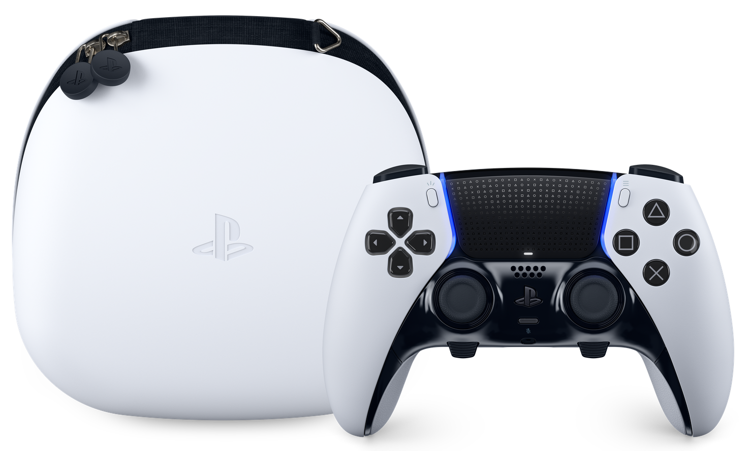 Weißer PlayStation-Controller mit weißem Gehäuse, schwarzen Akzenten und PlayStation-Logo.