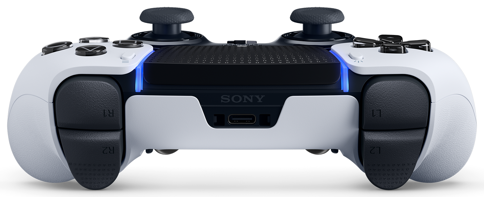 Weiß-schwarzer Sony PlayStation-Controller, Draufsicht. Das Sony-Logo befindet sich in der Mitte.
