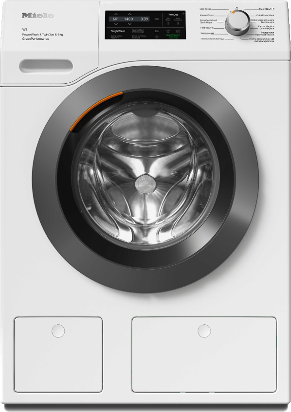 Lave-linge Miele blanc avec affichage numérique et accents gris.