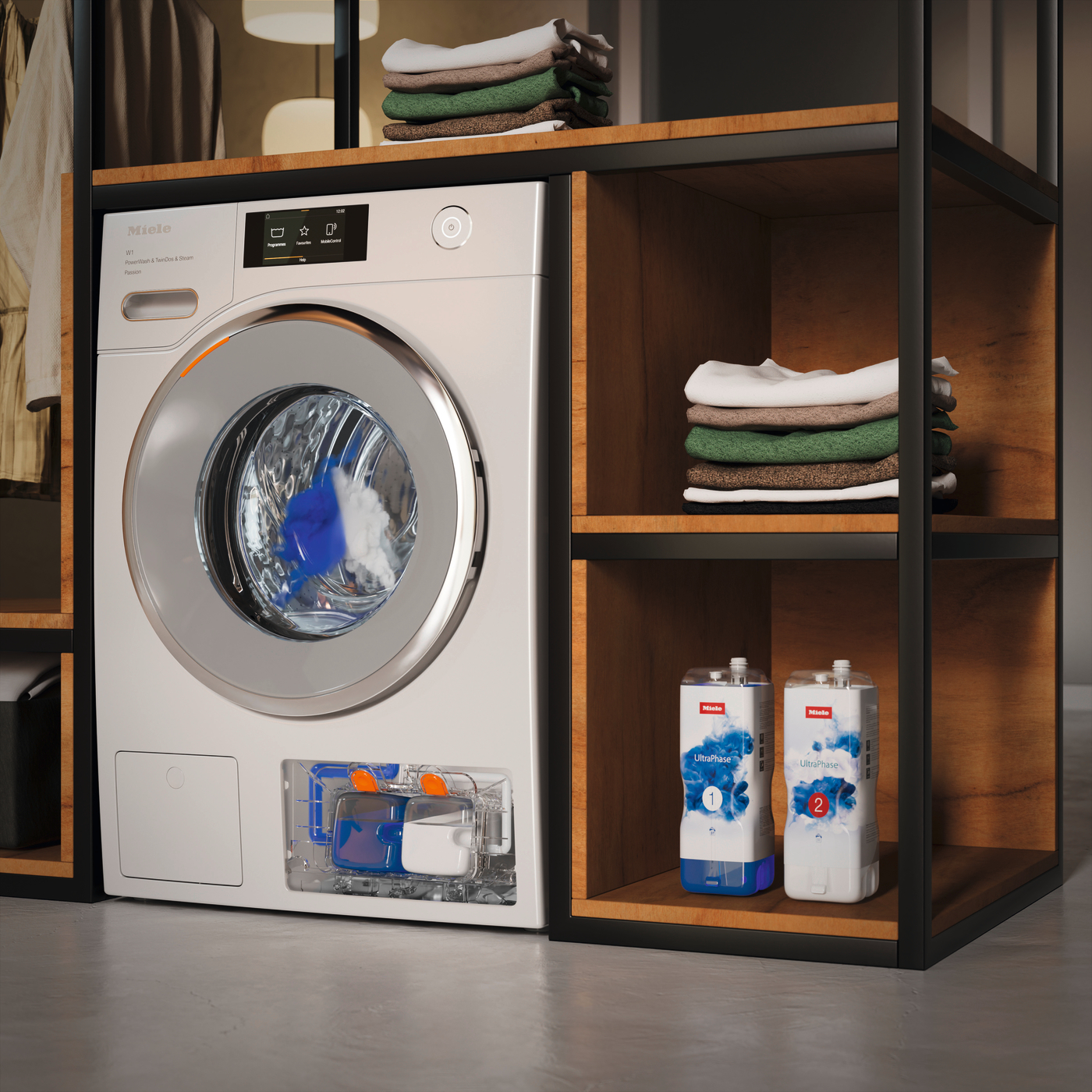 Lave-linge Miele blanc avec porte transparente, à côté d'un meuble avec produits lessiviels.