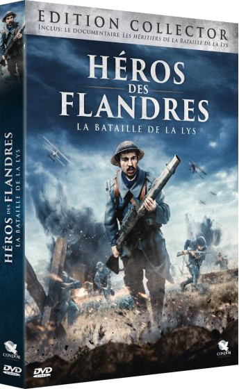 Boîtier DVD, 'Héros des Flandres', un soldat en uniforme tenant un fusil, scène de guerre, bleu et blanc.