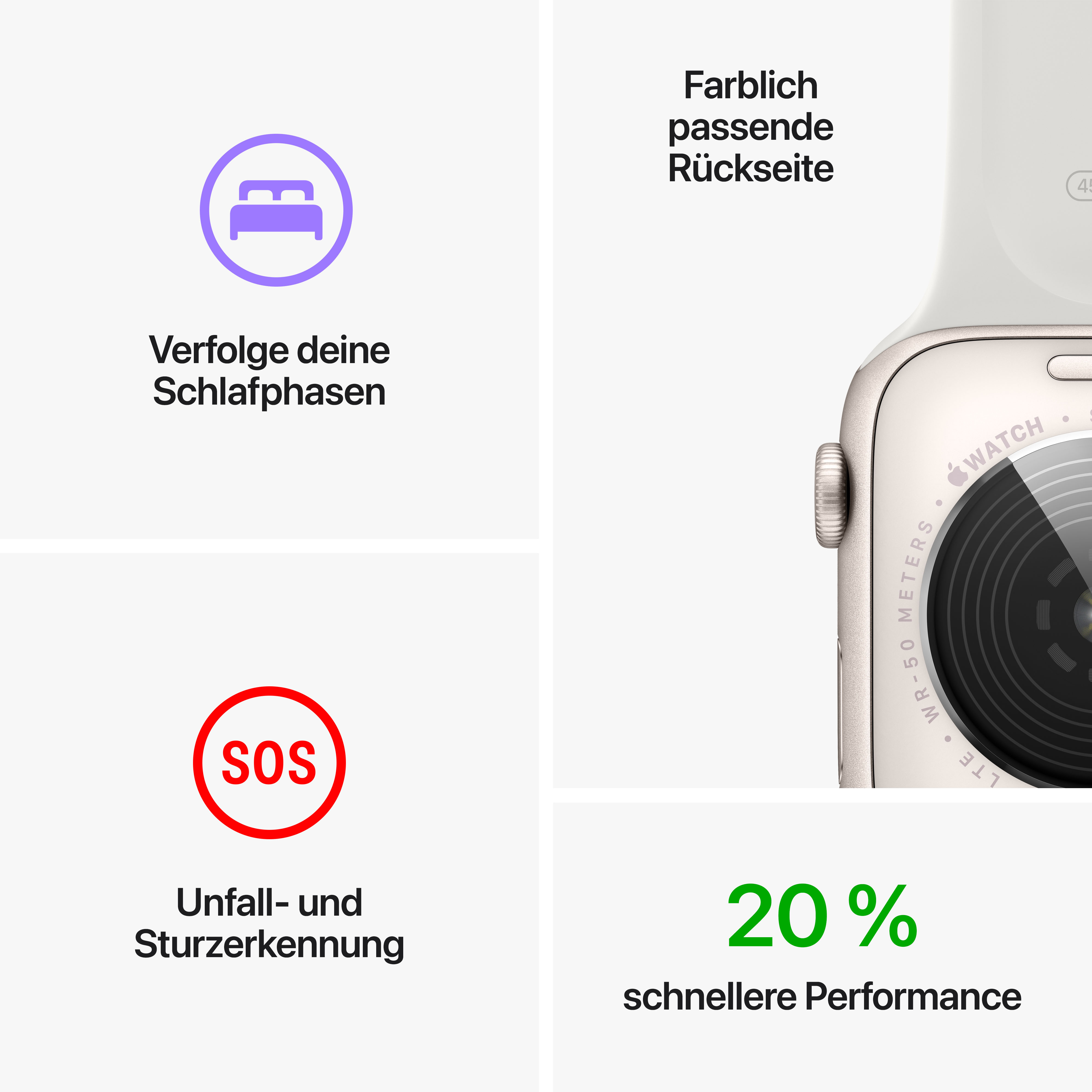 Apple Watch Nahaufnahme mit Symbolen, die Funktionen beschreiben: Schlaf, Sturz, Leistung.