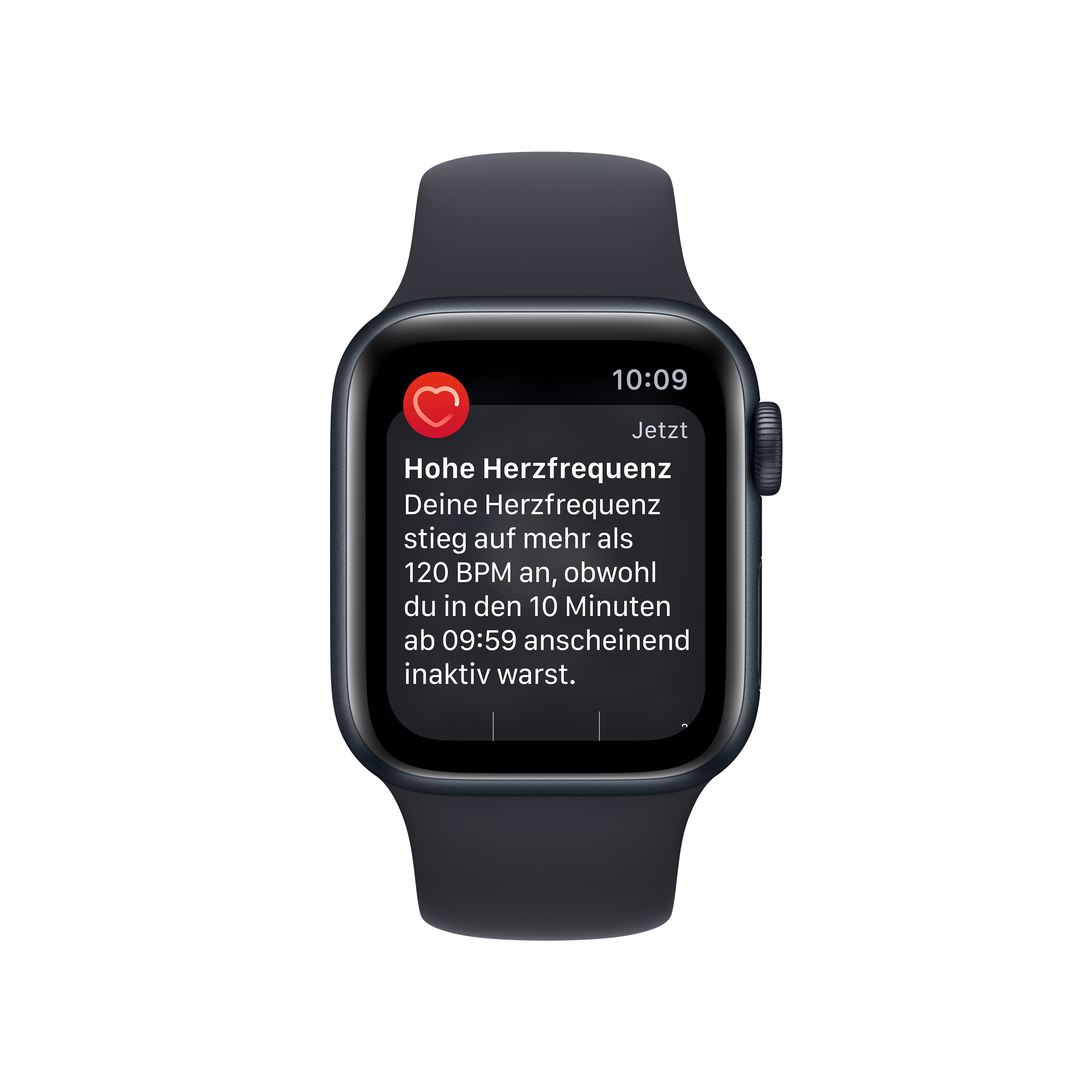 Schwarze Smartwatch, die eine Benachrichtigung über einen hohen Herzfrequenz auf weißem Hintergrund anzeigt.