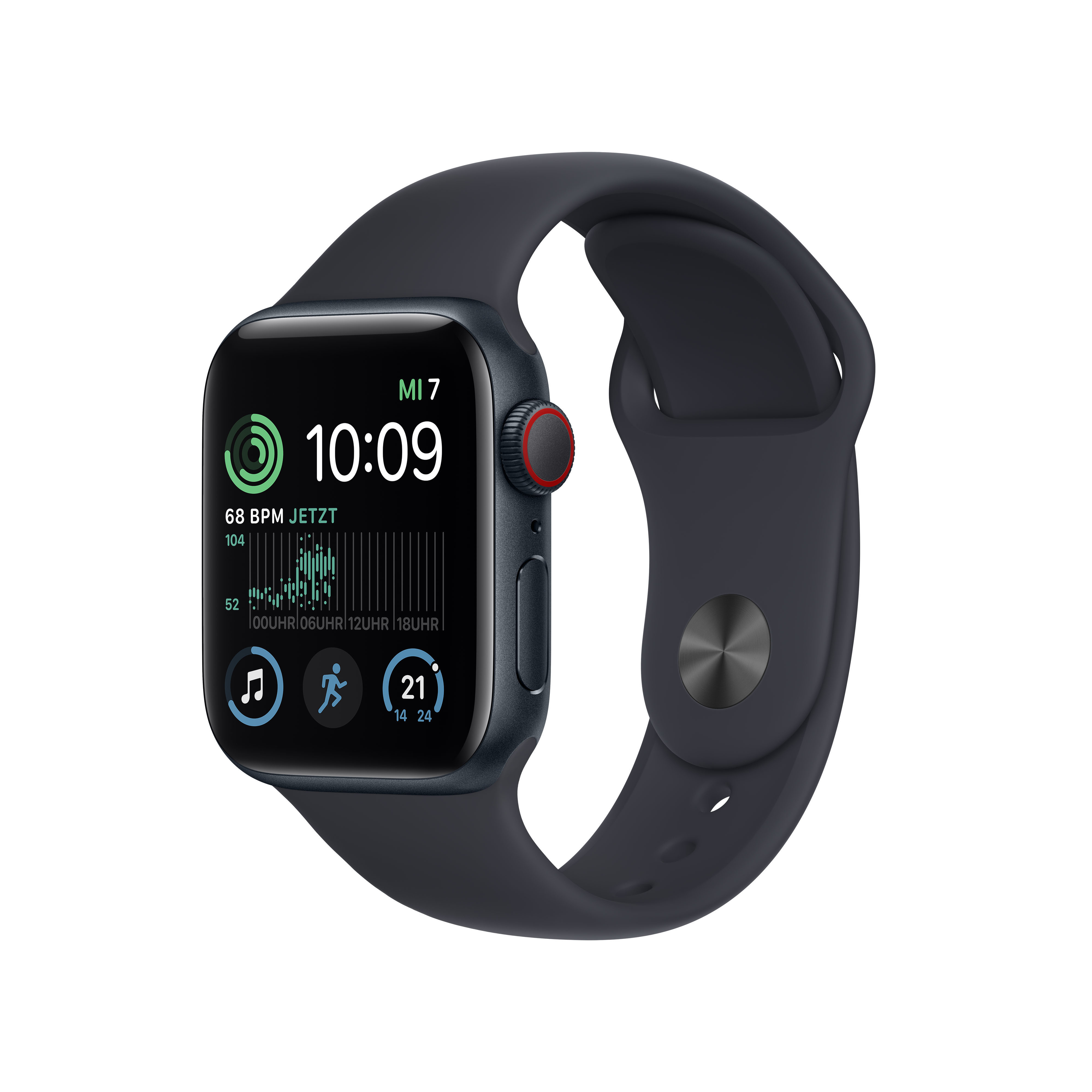 Apple Watch Series 7 mit schwarzem Armband. Zeigt Zeit und Gesundheitsmetriken auf dem Bildschirm.