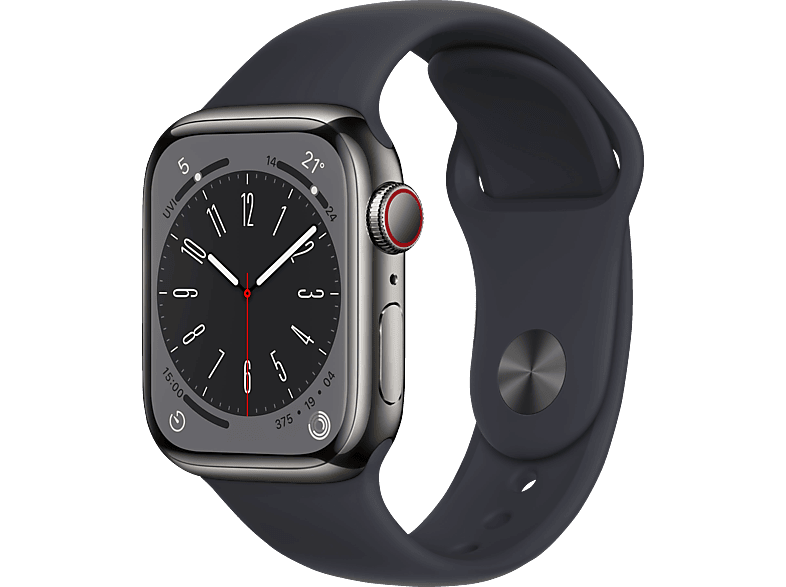 APPLE Watch Series 8 (GPS + Cellular) 41 mm Smartwatch Edelstahl Fluorelastomer, 130 - 200 mm, Armband: Mitternacht, Gehäuse: Graphit