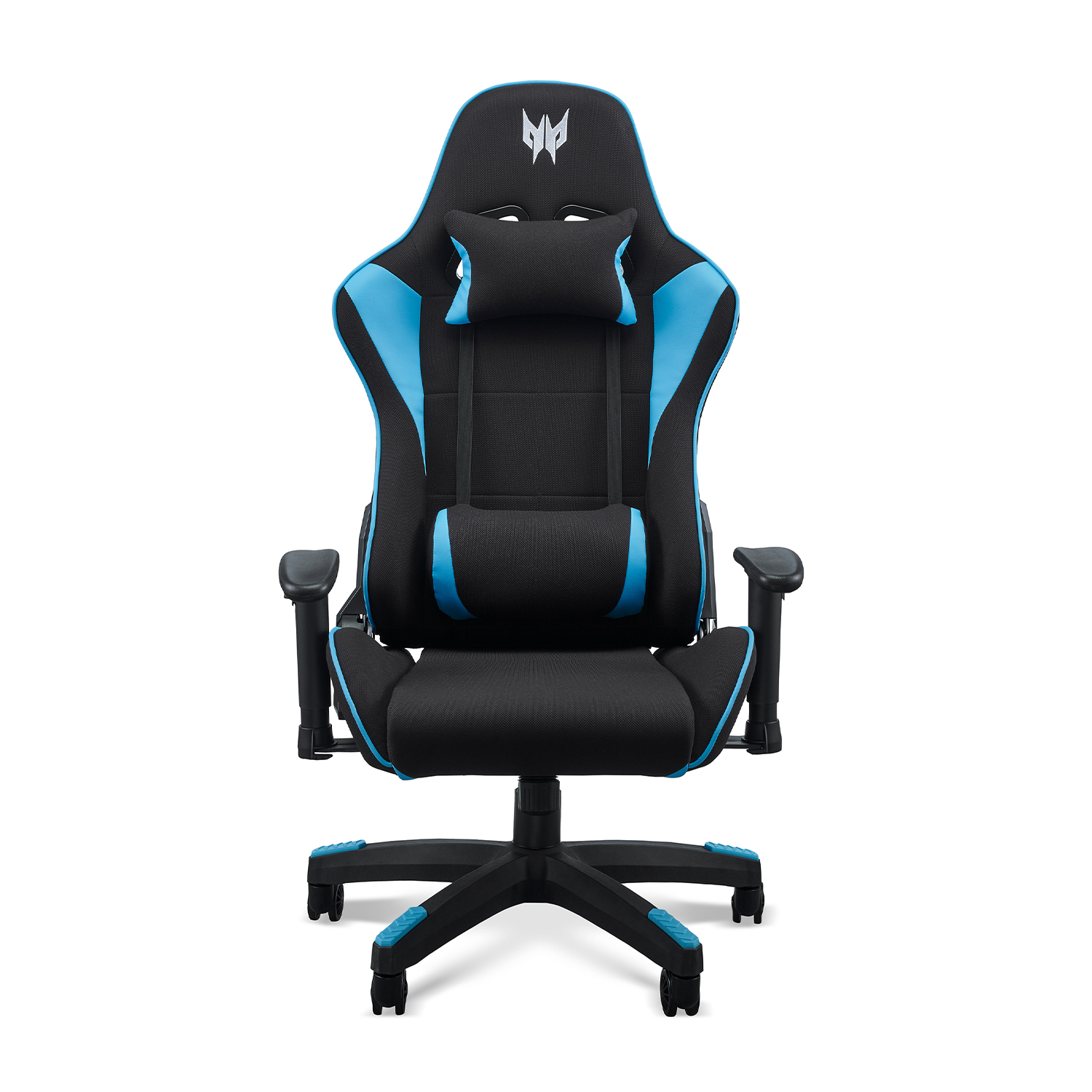 Sedia da gaming nera e blu. Ha un poggiatesta, supporto lombare e braccioli.