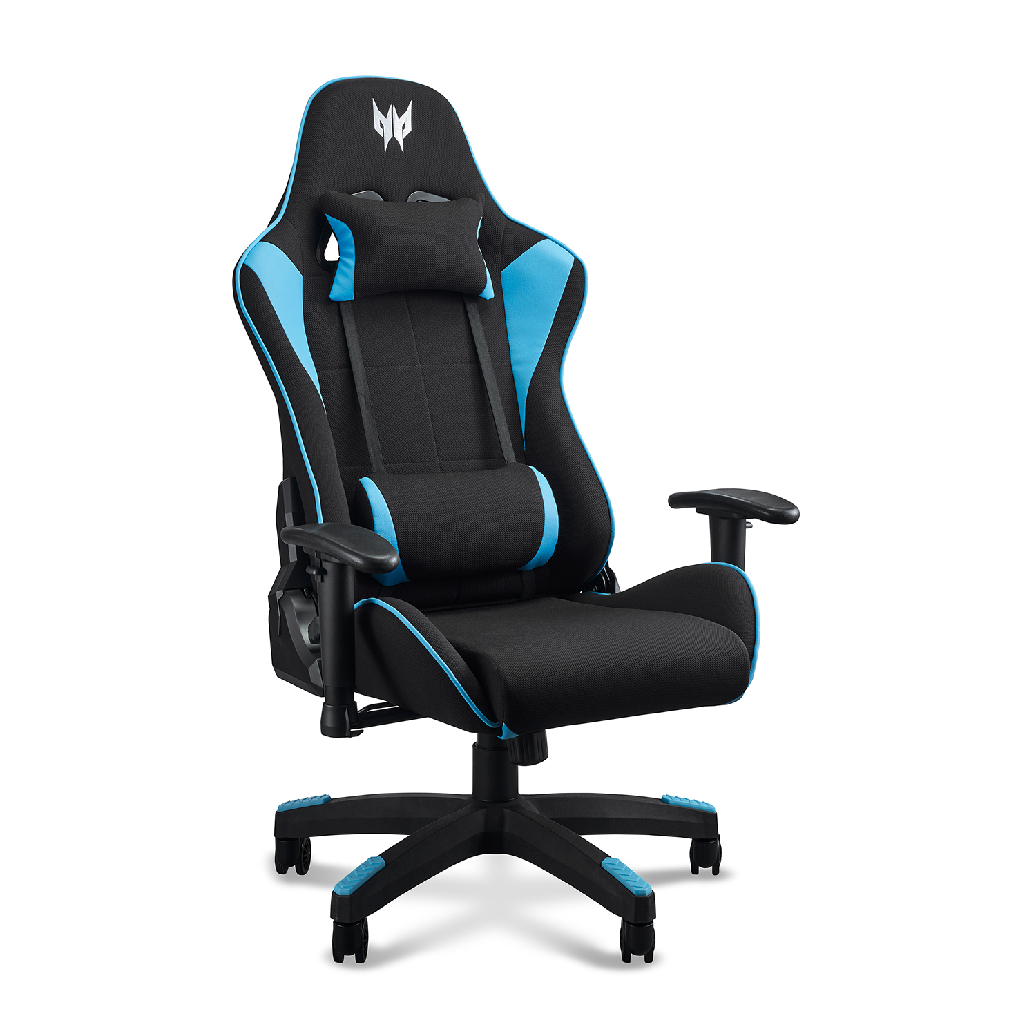 Sedia da gaming nera e blu, dettagliata con il logo Predator e elementi di design.