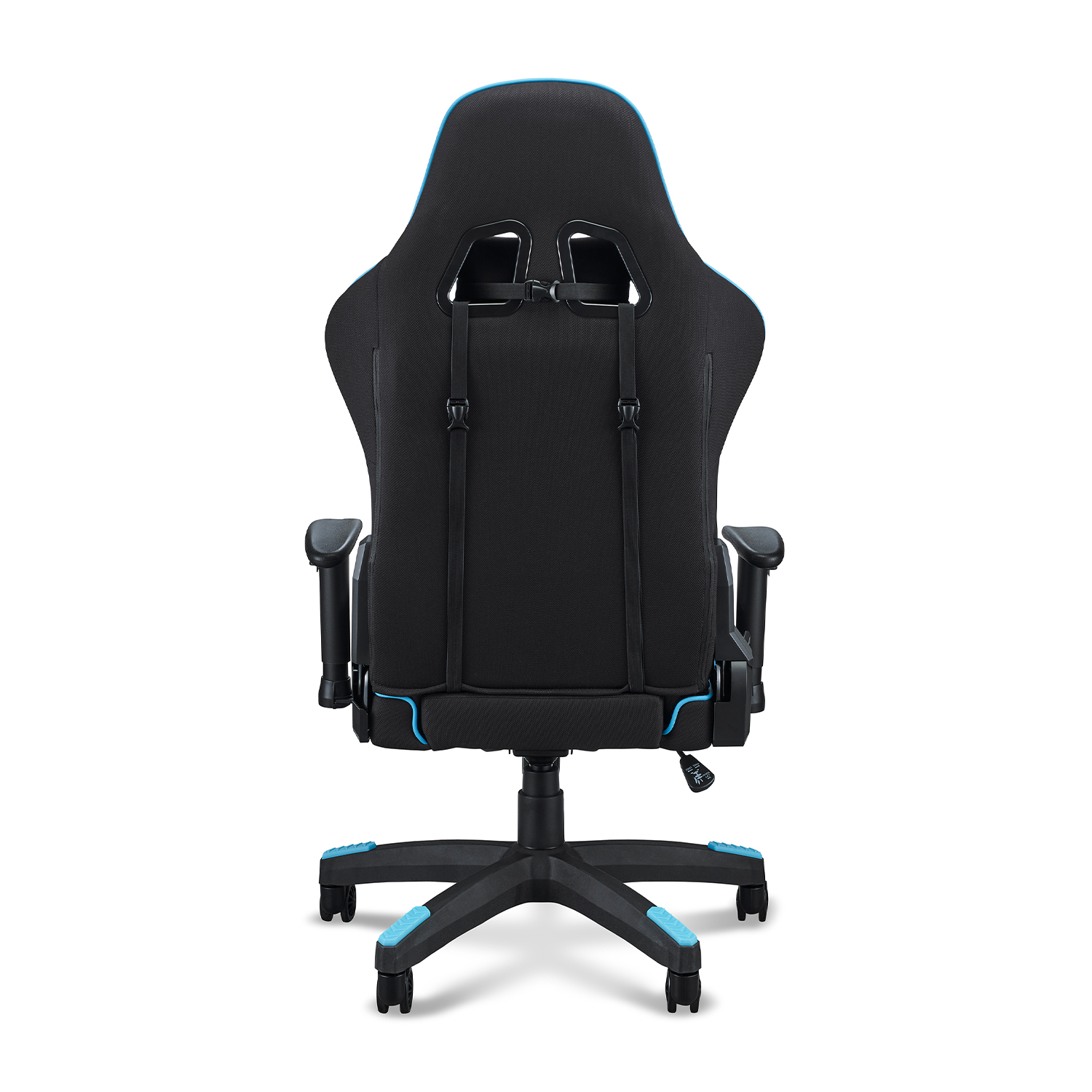 Vista posteriore di una sedia da gaming nera con dettagli blu, su sfondo bianco. La sedia ha uno schienale in rete.