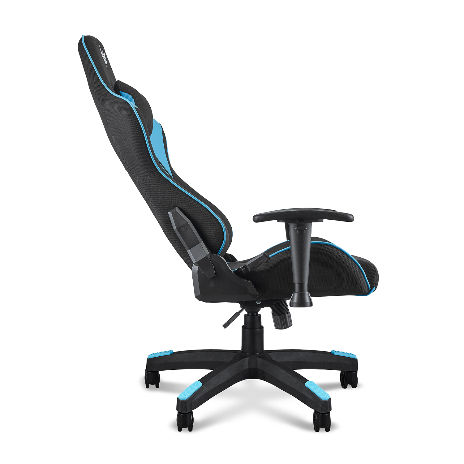 Sedia da gioco nera e blu su sfondo bianco.