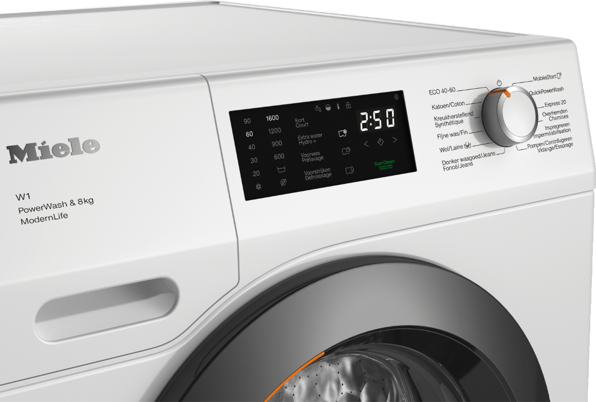 Gros plan du panneau de commande d'un lave-linge. L'affichage numérique affiche l'heure. Machine blanche avec des accents noirs.