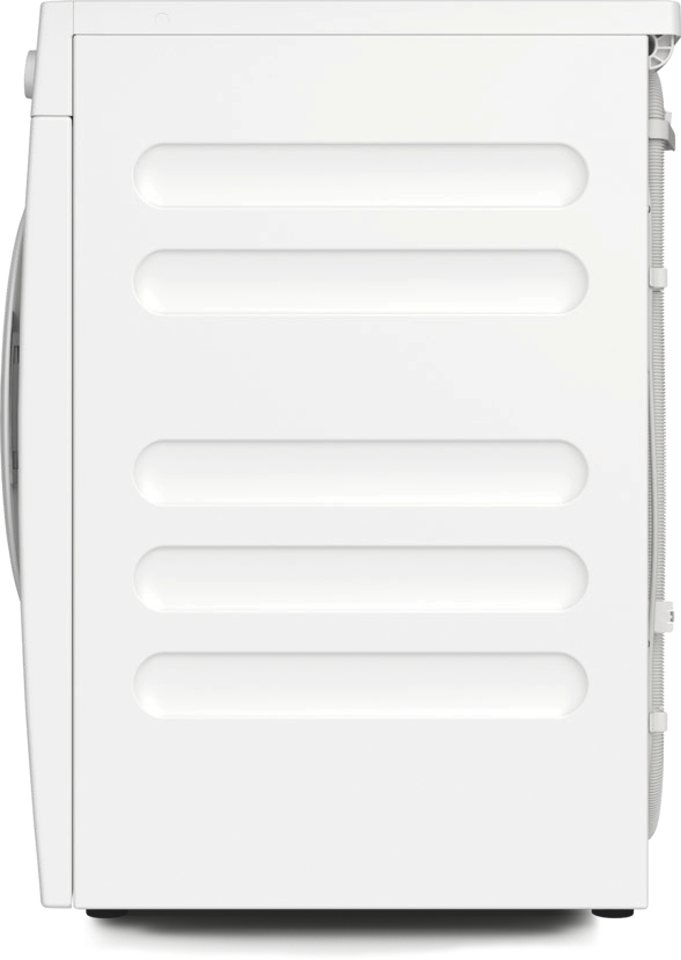 Lave-linge blanc, vue latérale. Comporte un panneau blanc lisse avec des détails ovales encastrés.