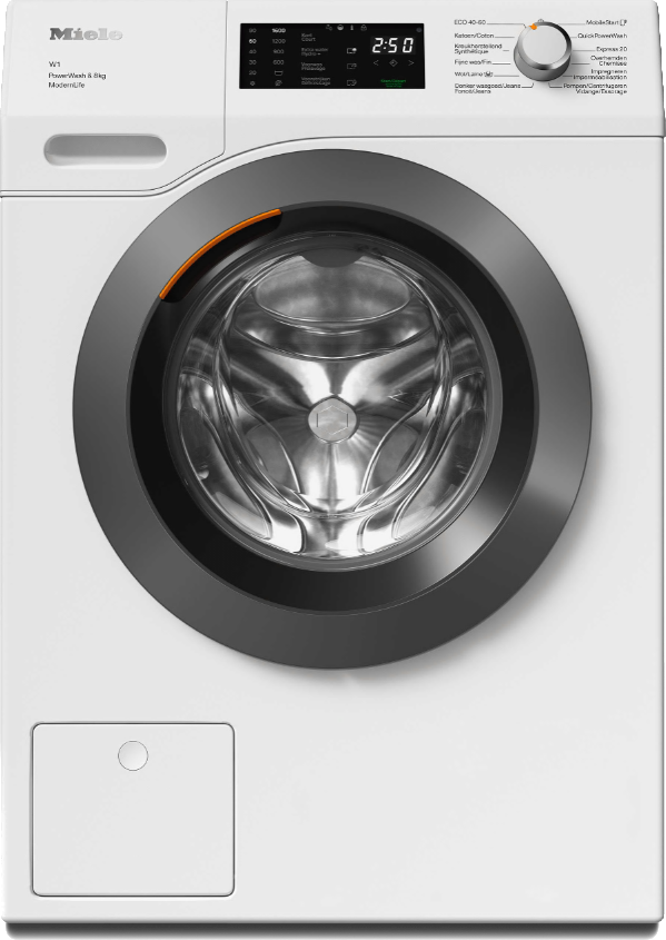 Lave-linge blanc, vue de face. Il y a un anneau gris foncé autour de la porte.