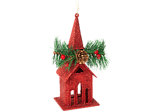 FAMILY CHRISTMAS Karácsonyi glitteres templom akasztóval - 16 x 6,5 cm - piros