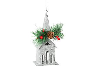 FAMILY CHRISTMAS Karácsonyi glitteres templom akasztóval - 16 x 6,5 cm - ezüst