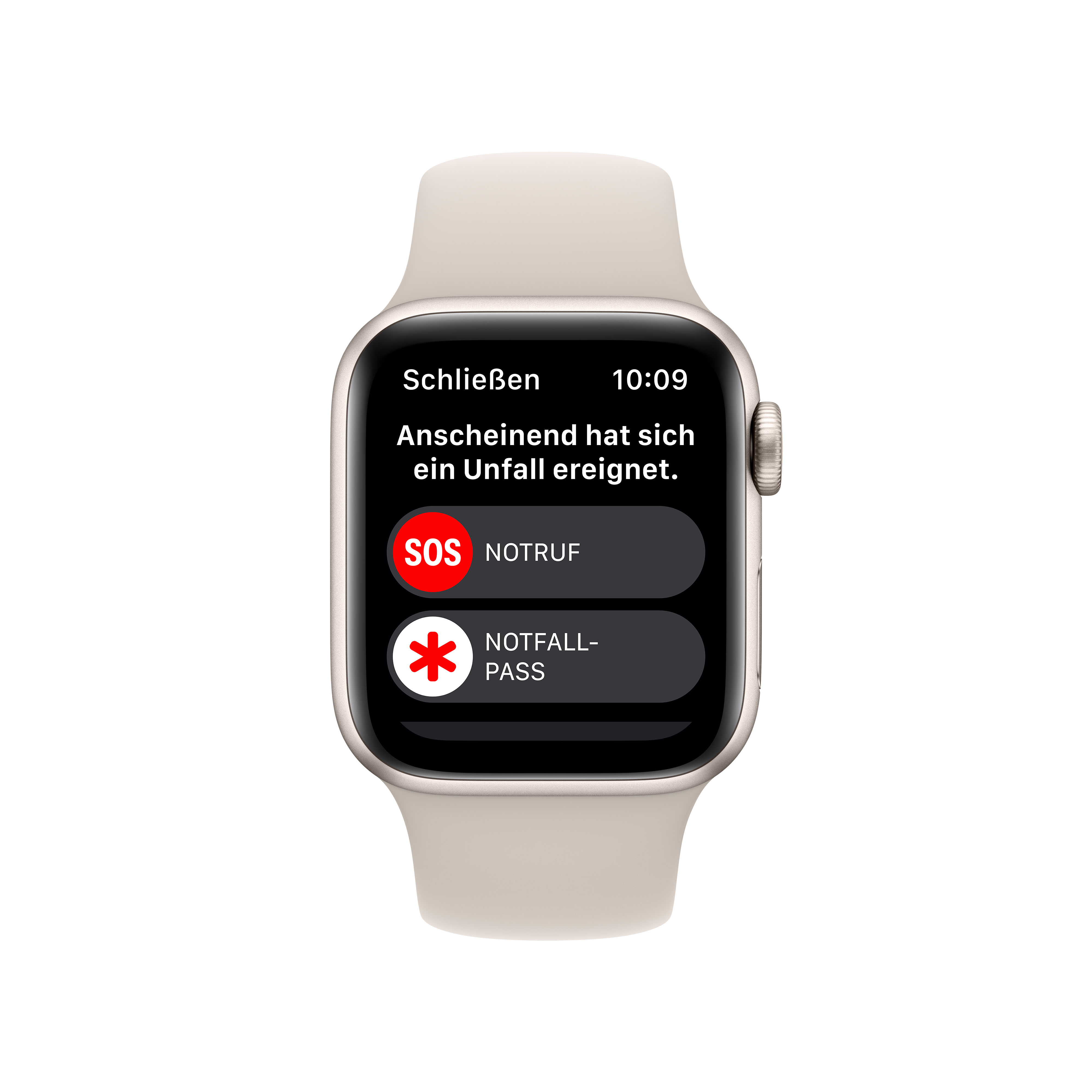 Eine Smartwatch, die einen Notfallbildschirm mit einer SOS-Taste und einer medizinischen ID-Taste anzeigt.