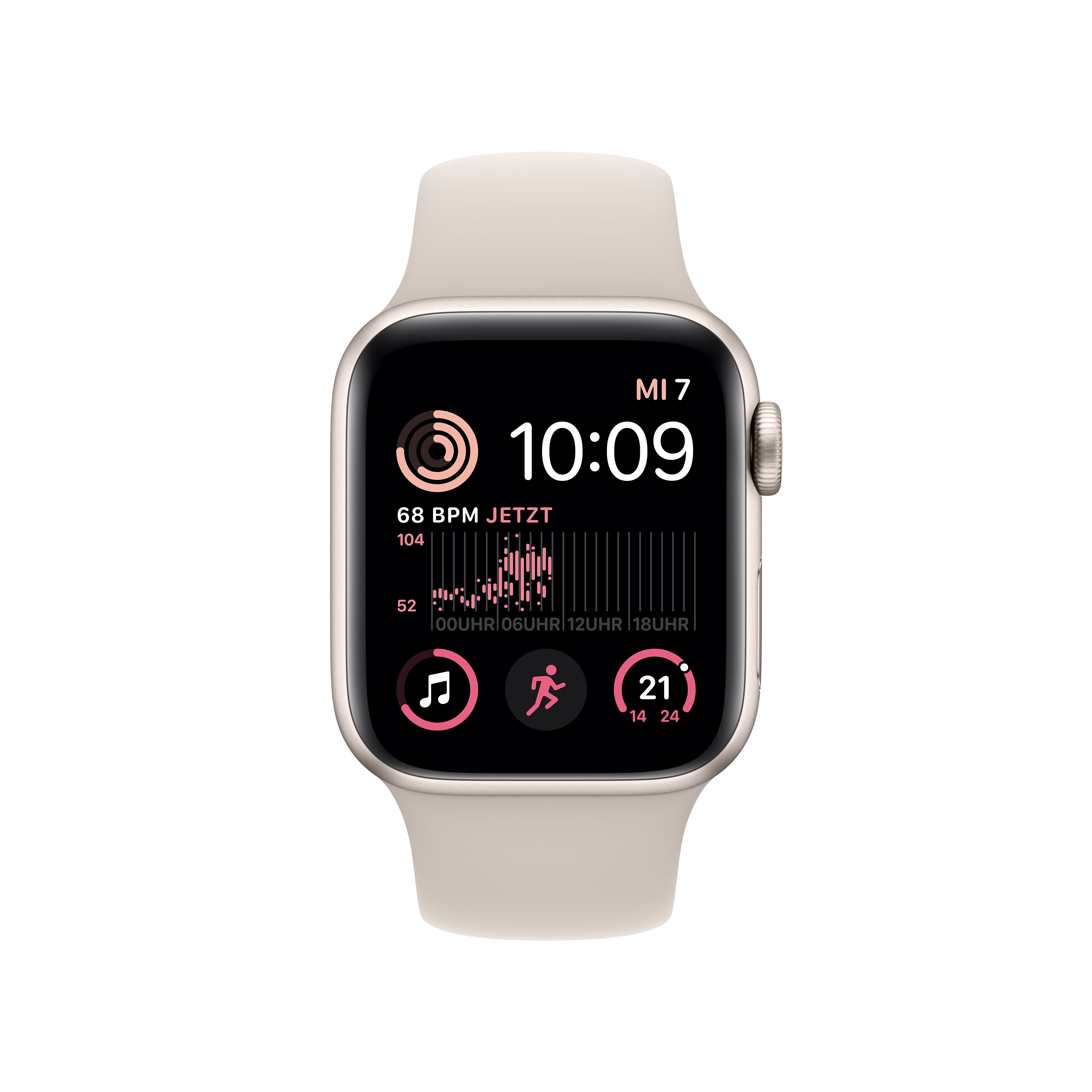 Silberne Apple Watch mit cremefarbenem Armband, zeigt Uhrzeit, Herzfrequenz und andere Metriken.