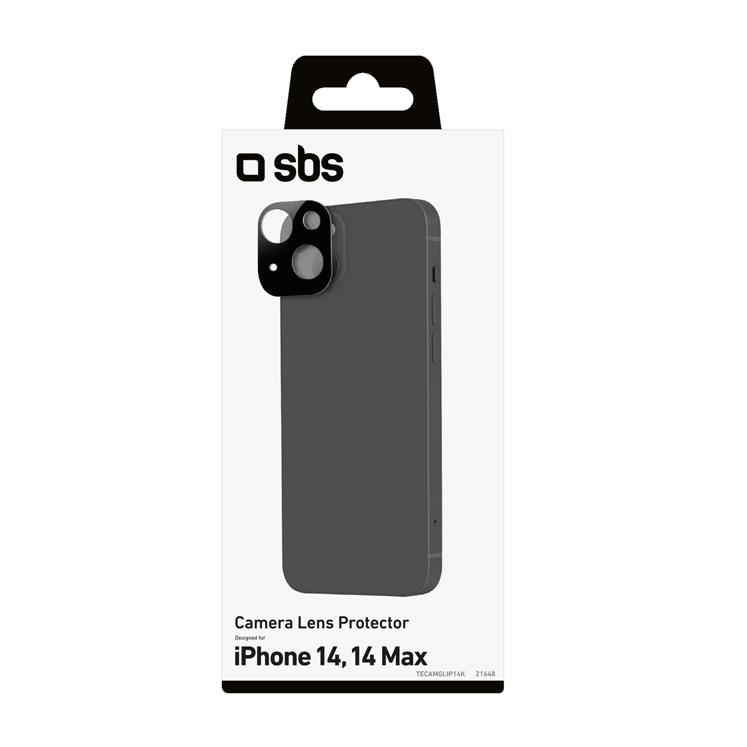 Scatola con custodia per telefono. Custodia nera, protezione obiettivo fotocamera, per iPhone 14/14 Max.
