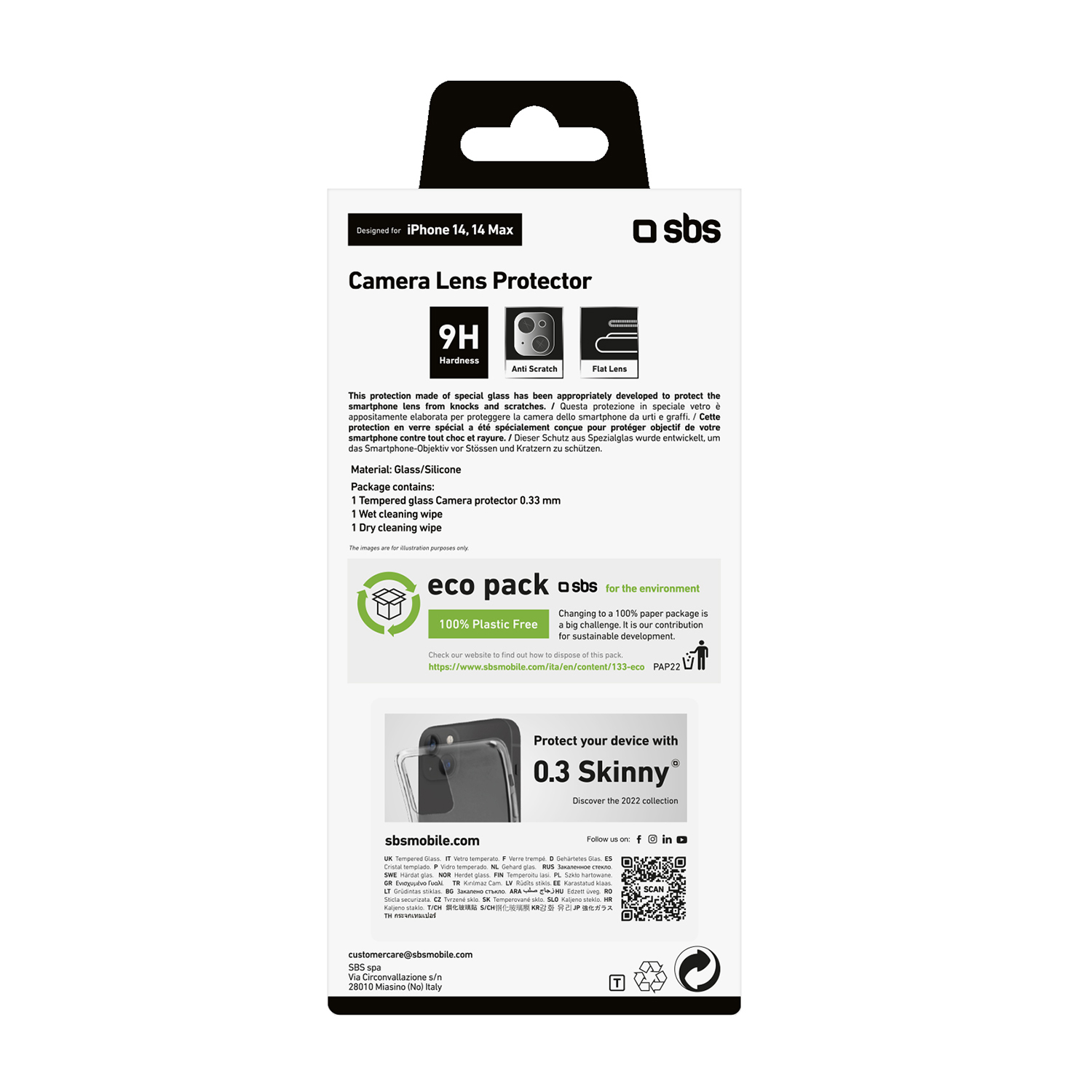 Confezione del proteggi-obiettivo per fotocamera iPhone 14 Max, sfondo bianco.