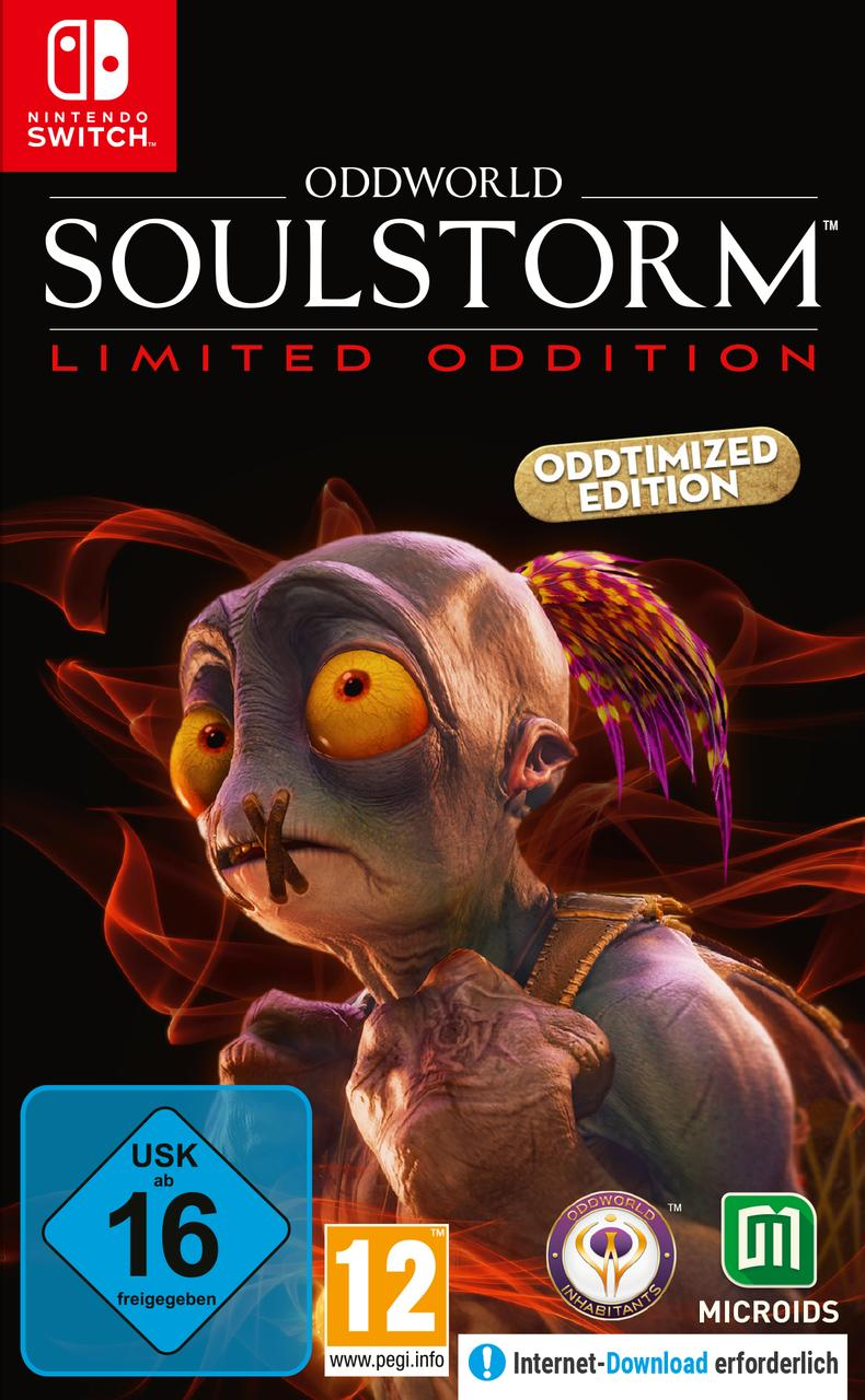 Spielcover: lila Kreatur mit großen Augen, der Titel ist Oddworld Soulstorm.