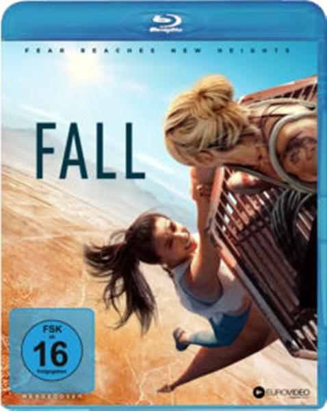 Blu-ray-Cover des Films „Fall“, mit zwei Frauen und einem dramatischen Himmel.
