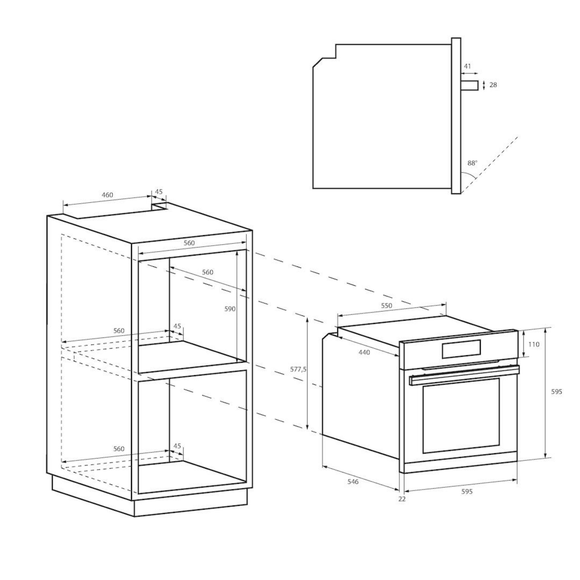 Dibujo técnico de un horno y armario. Las dimensiones se indican en milímetros.