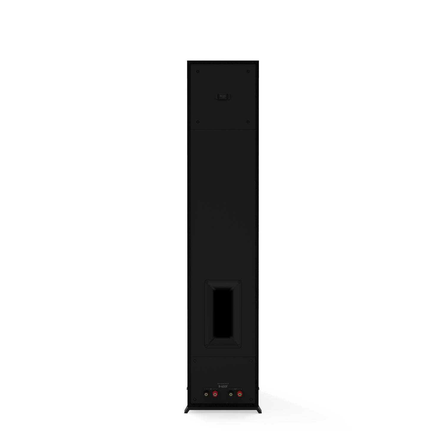 Black tall speaker, back view. Simple design, black surface. Black background.