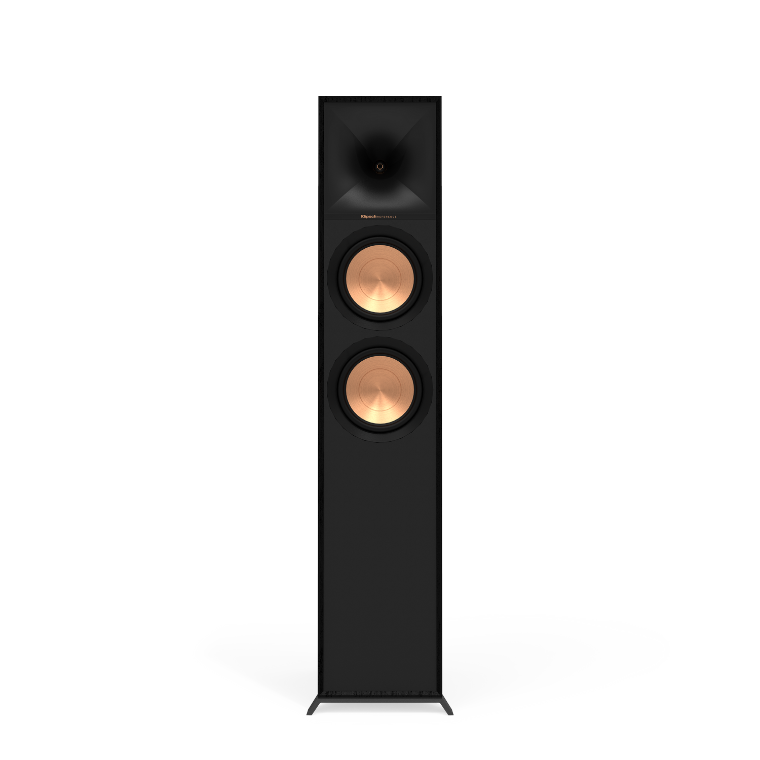 Black tall speaker with two copper-colored speakers on black background.