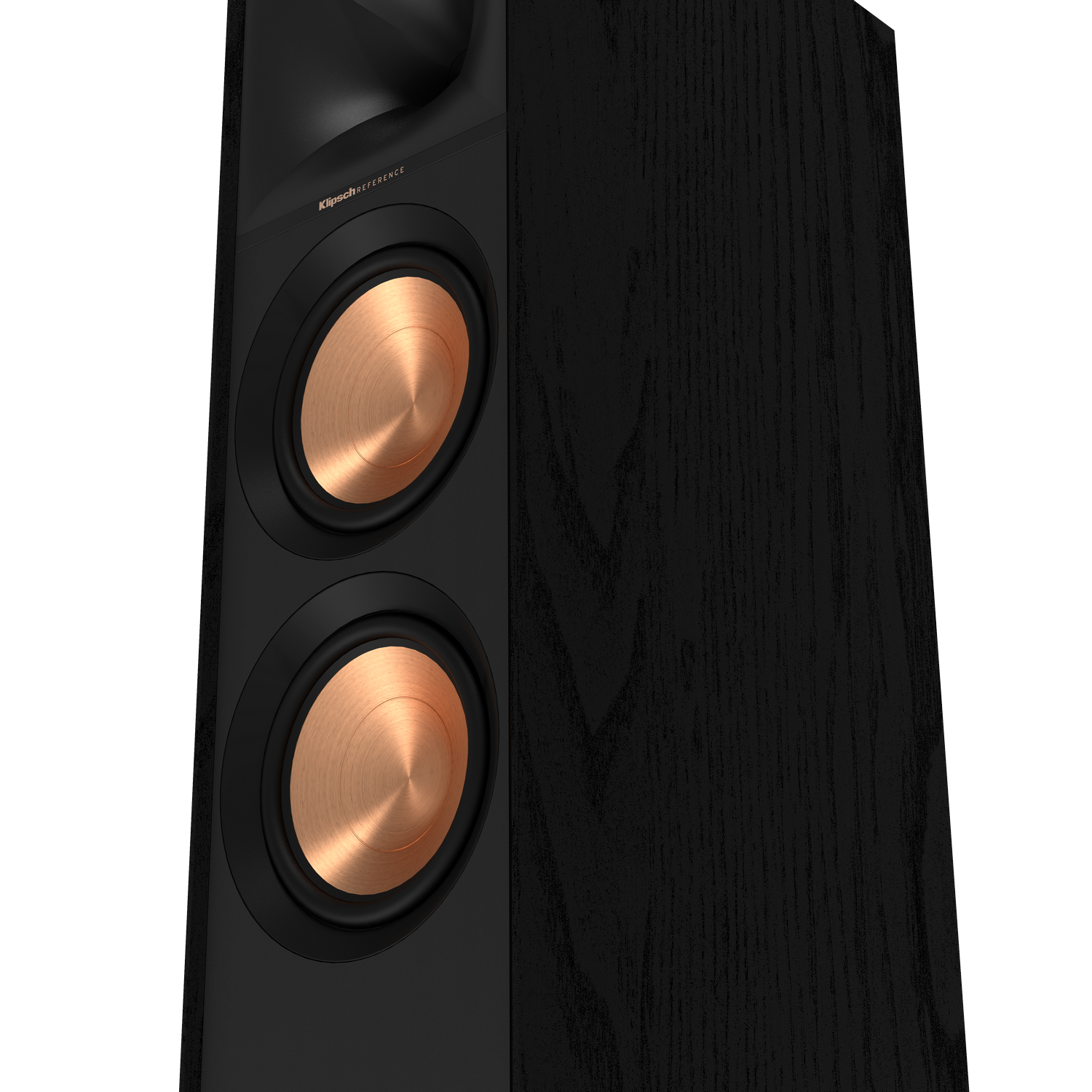 A tall black speaker with two copper-colored speaker cones. The brand name is visible.