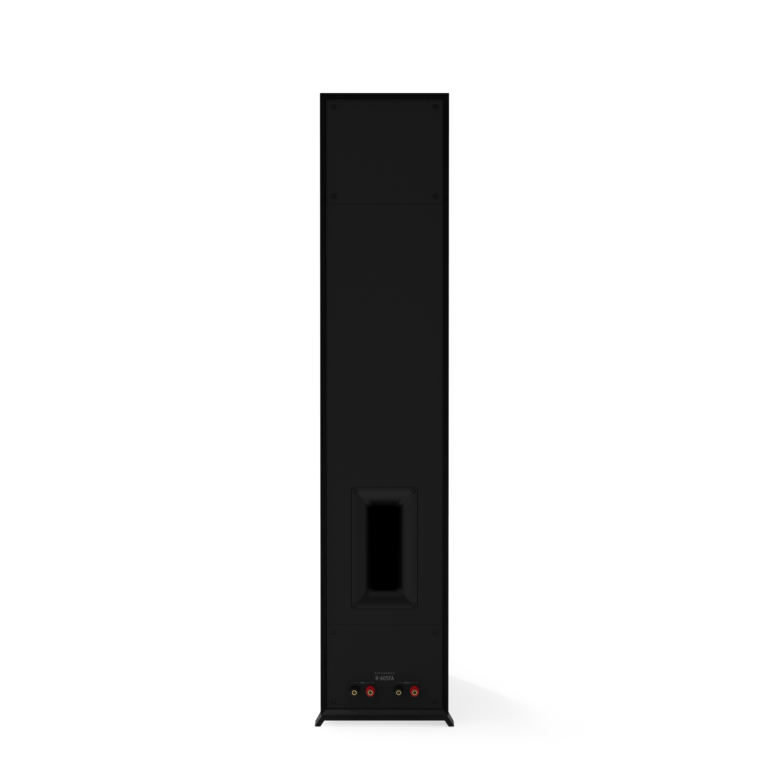 A tall, black speaker against a black background. It has a rectangular opening in the center.