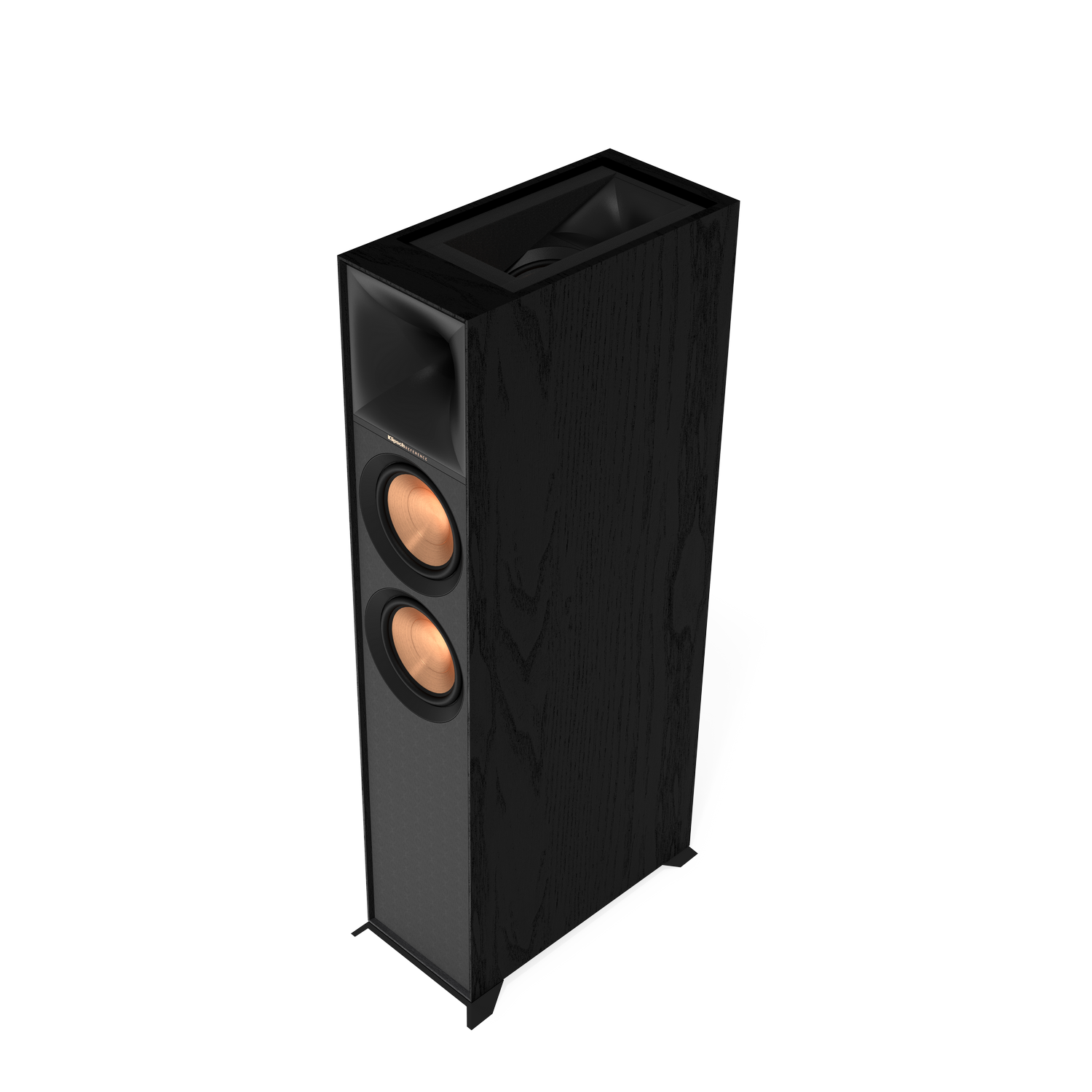 Black speaker with two orange speaker cones, set against a black backdrop.