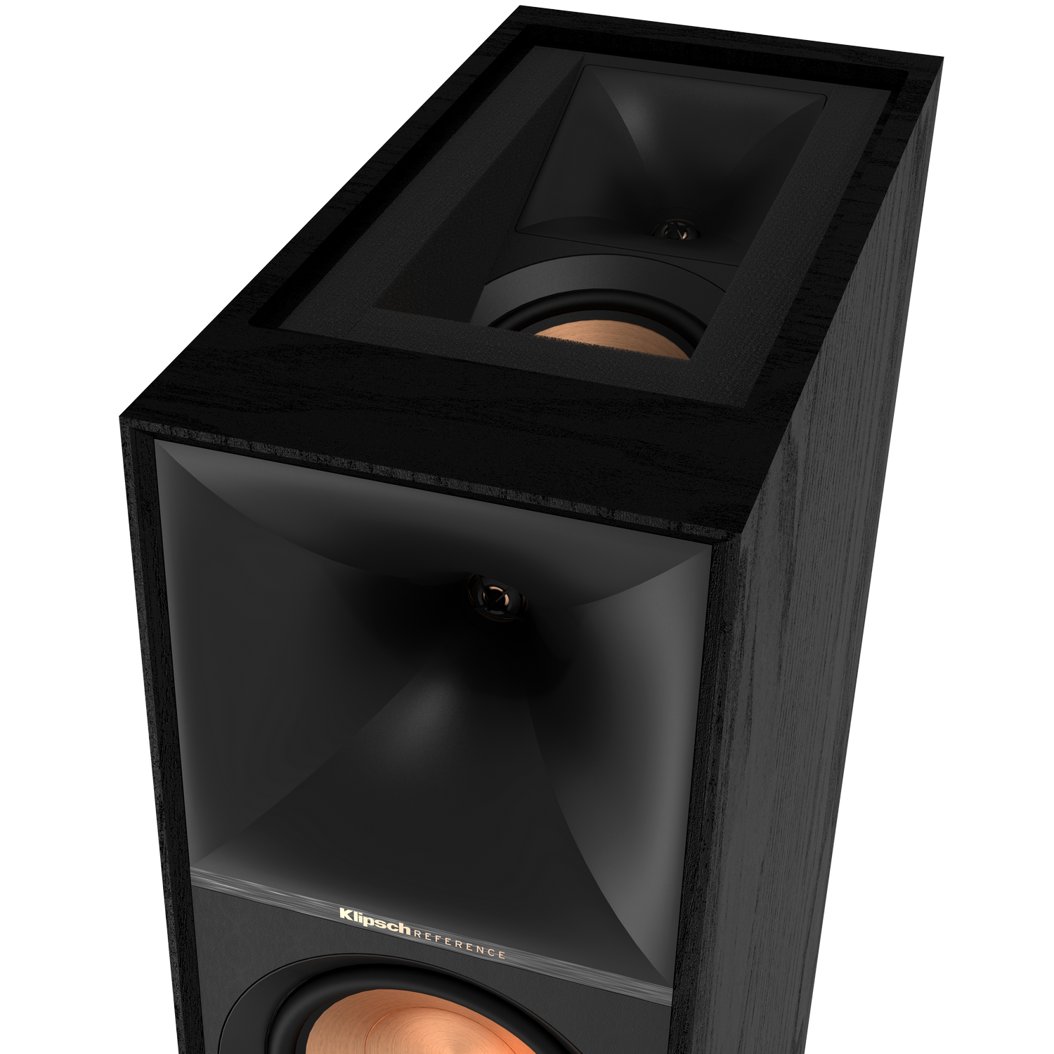 Black Klipsch speaker.  It has a wooden finish and a copper-colored speaker driver.