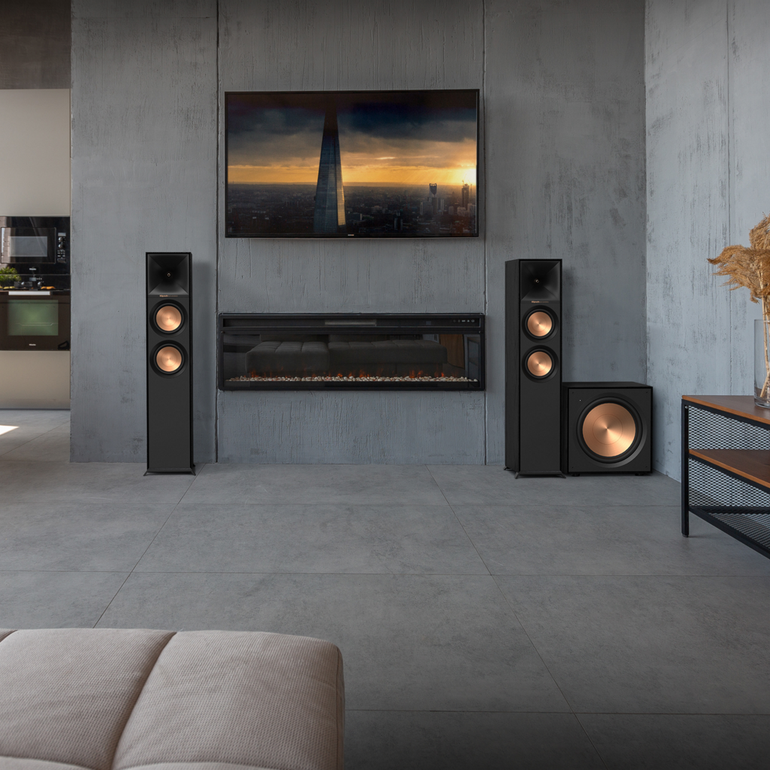 Living room with speakers, TV, fireplace, and a couch.