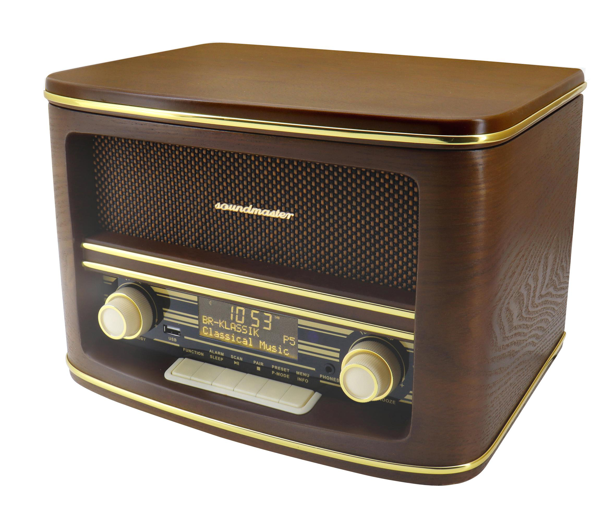 Ein braunes Radio im Retro-Stil von Soundmaster mit goldenen Akzenten und Digitalanzeige.