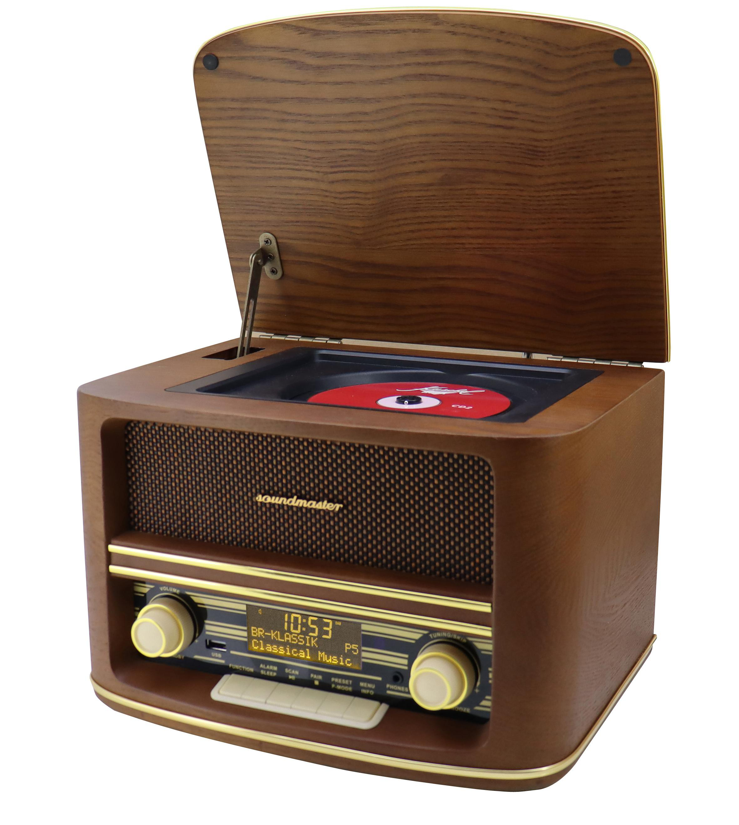 Soundmaster Radio/CD-Player im Retro-Stil aus Holz. Verfügt über eine rote CD im Inneren. Bedienelemente und Display sind vorne.